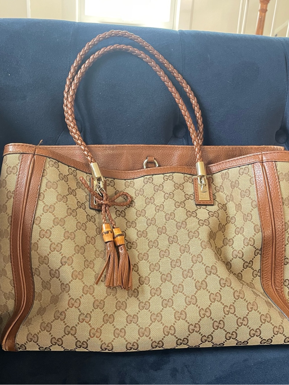 Gucci Beige Monogram Canvas Tote with Brown Leather Trim and Bamboo Tassels